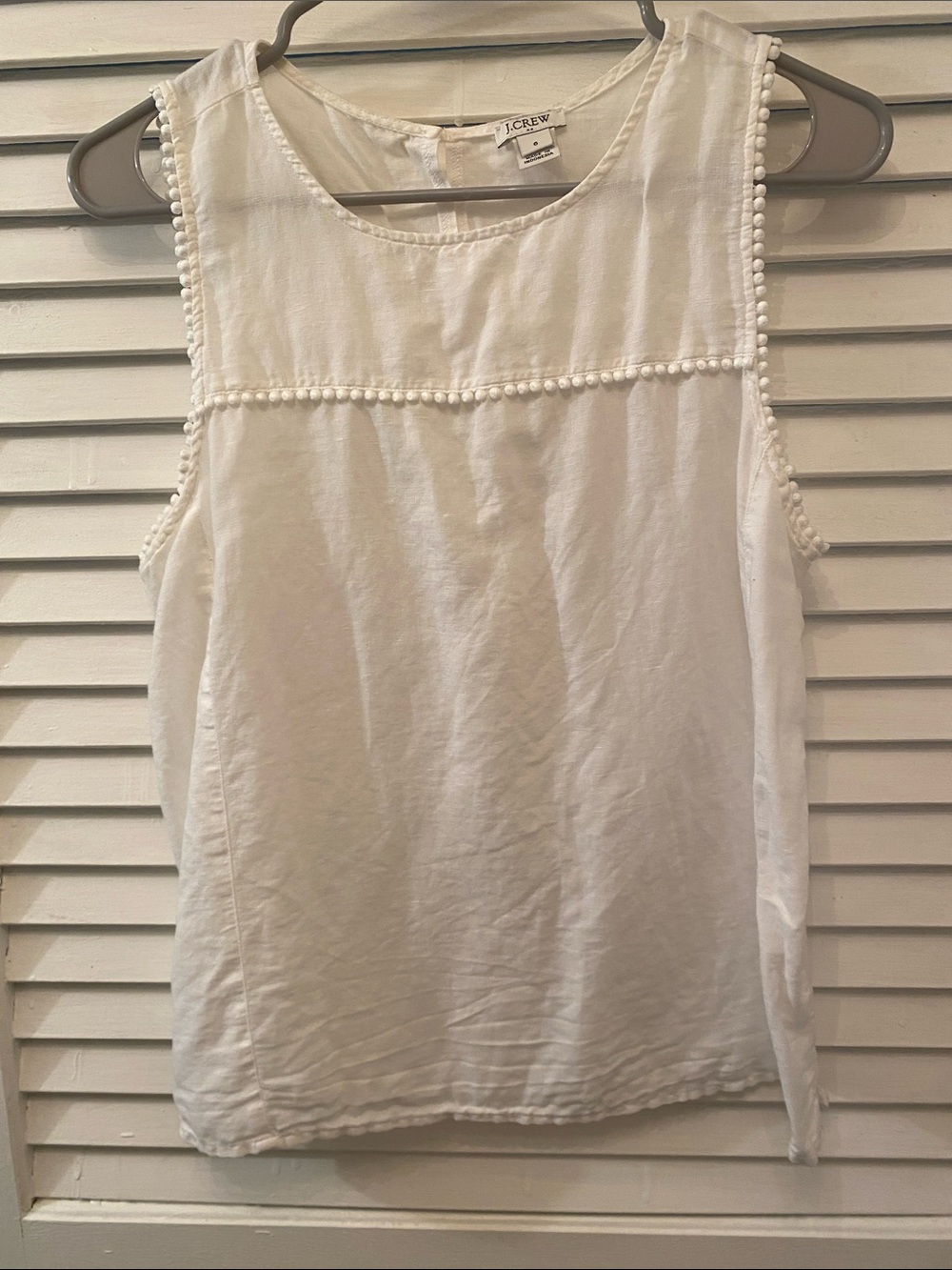 J. Crew Linen White Pom-Pom Trim Sleeveless Tank